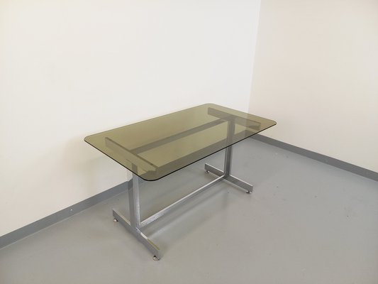 Desk or Dining Table in Smoked Glass and Chrome Metal, 1970s-AHO-1811781