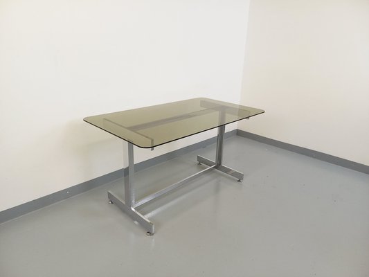 Desk or Dining Table in Smoked Glass and Chrome Metal, 1970s-AHO-1811781