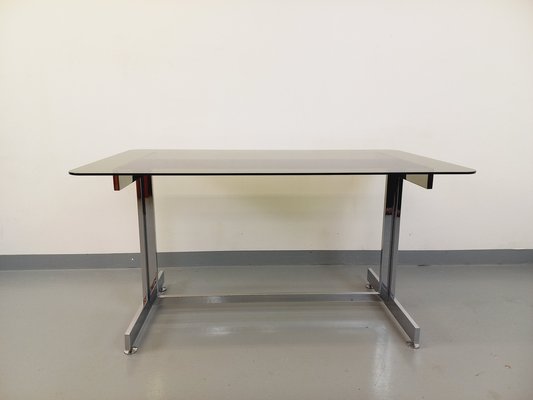 Desk or Dining Table in Smoked Glass and Chrome Metal, 1970s-AHO-1811781