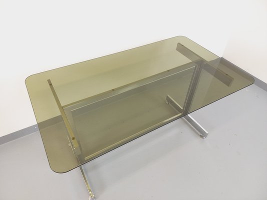 Desk or Dining Table in Smoked Glass and Chrome Metal, 1970s-AHO-1811781