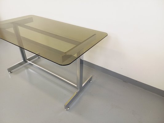 Desk or Dining Table in Smoked Glass and Chrome Metal, 1970s-AHO-1811781