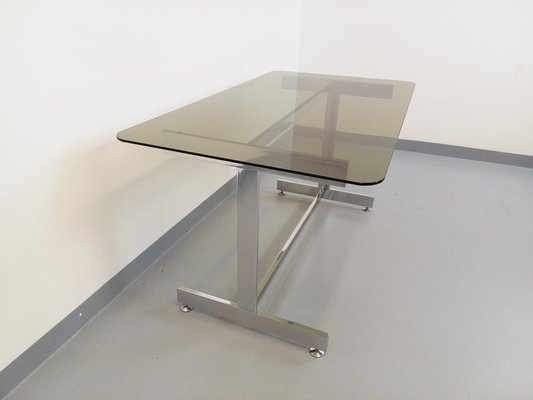 Desk or Dining Table in Smoked Glass and Chrome Metal, 1970s-AHO-1811781