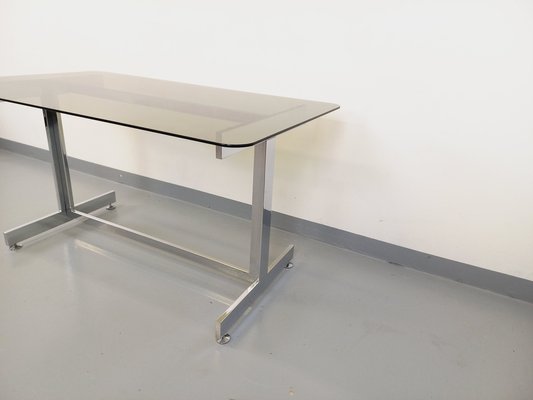 Desk or Dining Table in Smoked Glass and Chrome Metal, 1970s-AHO-1811781