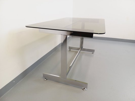 Desk or Dining Table in Smoked Glass and Chrome Metal, 1970s-AHO-1811781