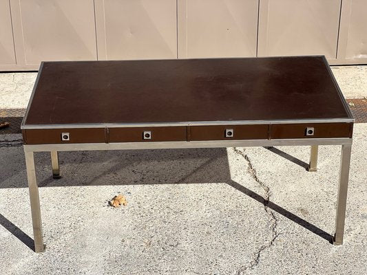 Desk with 4 Drawers and Tray in Brown Leather Dark by Guy Lefèvre for Maison Jansen, 1970s-SSK-1705185