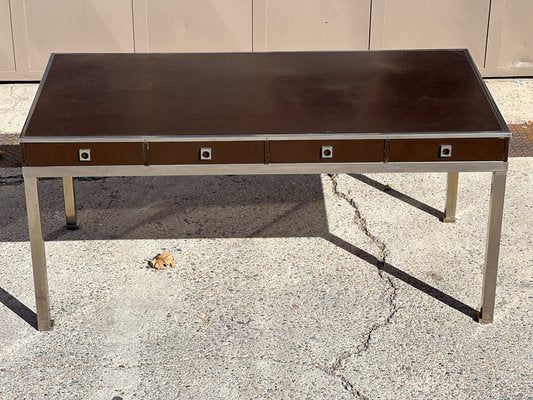 Desk with 4 Drawers and Tray in Brown Leather Dark by Guy Lefèvre for Maison Jansen, 1970s-SSK-1705185