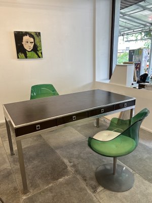 Desk with 4 Drawers and Tray in Brown Leather Dark by Guy Lefèvre for Maison Jansen, 1970s-SSK-1705185