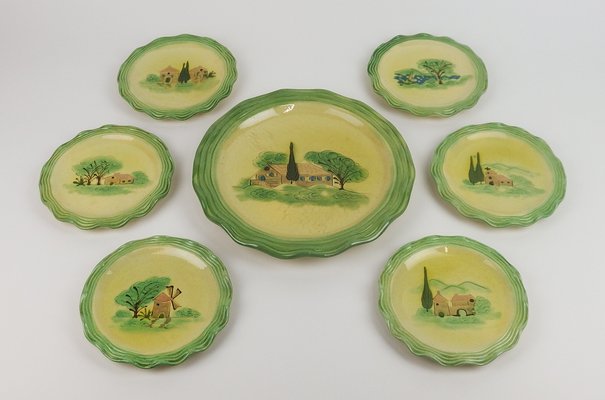 Dessert Plates and Ceramic Dish by Cérenne for Vallauris, 1950s, Set of 7-LW-2016178