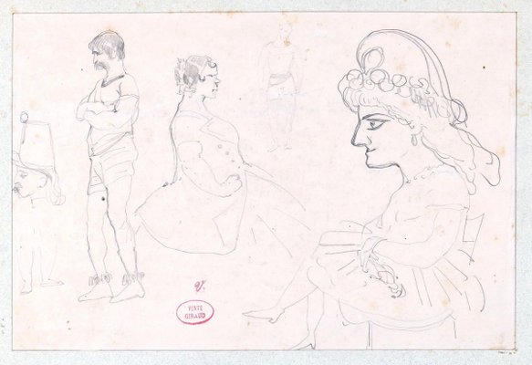 Dessin de Caricatures - Original Pencil Drawing on Paper by E. Giraud - La 1800 Late 19th Century-ZCI-758874