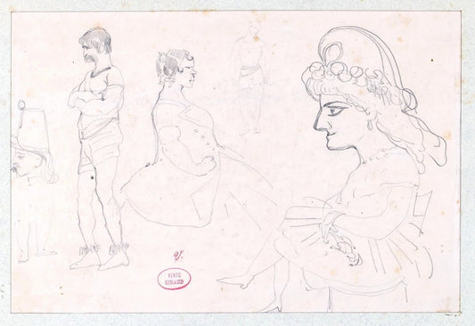 Dessin de Caricatures - Original Pencil Drawing on Paper by E. Giraud - La 1800 Late 19th Century