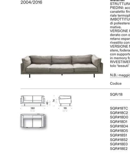 Square '16 - 인라인 소파 180cm (W180 × D98 × H74) 치수도