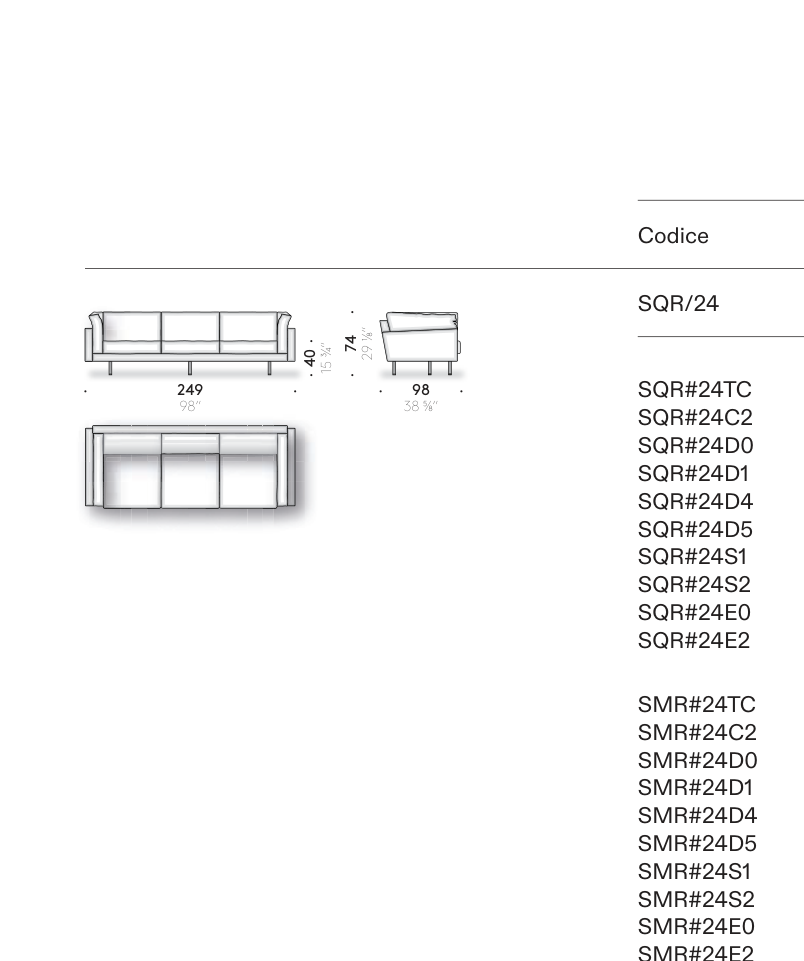 Square '16 - 인라인 소파 249cm (W249 × D98 × H74) 치수도