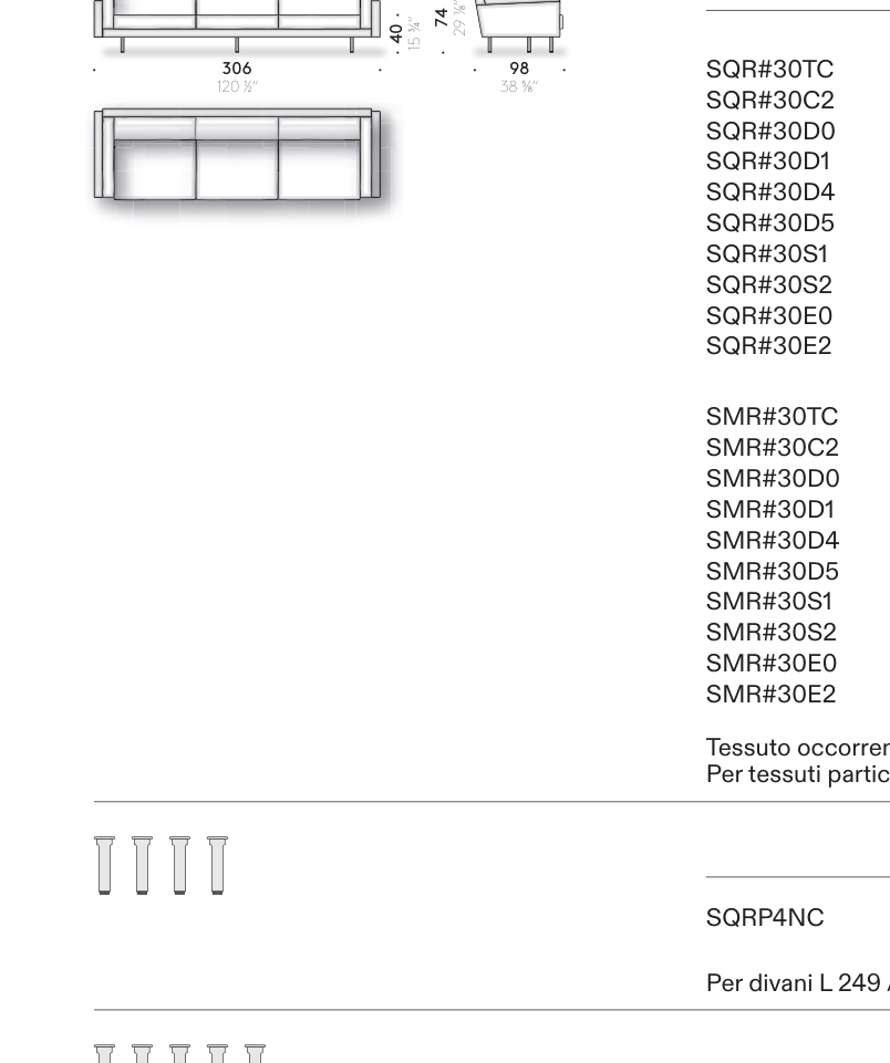 Square '16 - 인라인 소파 306cm (W306 × D98 × H74) 치수도