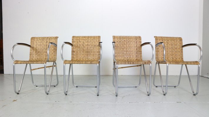 Diagonal Wicker & Tube Frame Armchairs from Gispen, 1930s, Set of 4-DT-2026198