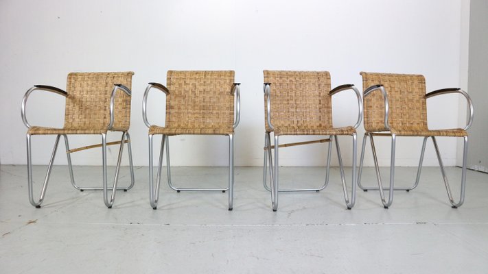 Diagonal Wicker & Tube Frame Armchairs from Gispen, 1930s, Set of 4-DT-2026198