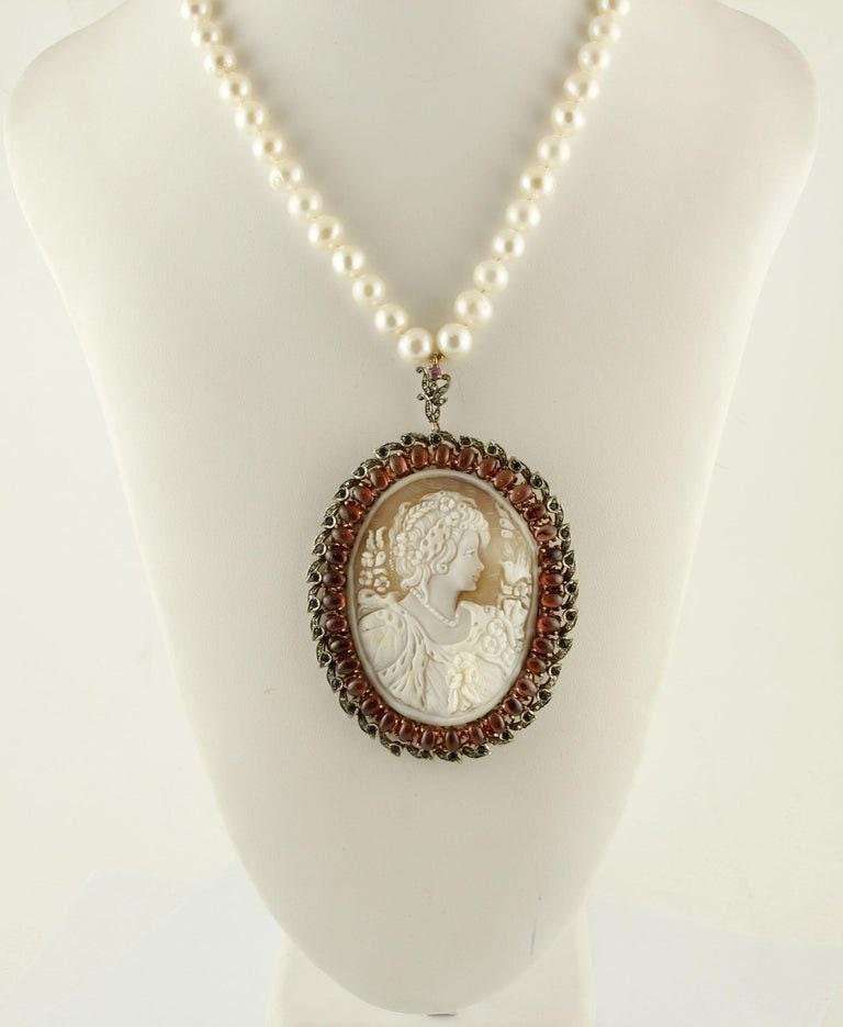 Diamond, Blue Sapphire, Garnet, 9K Rose Gold, Silver & Pearl Cameo Necklace