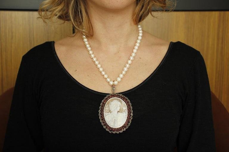 Diamond, Blue Sapphire, Garnet, 9K Rose Gold, Silver & Pearl Cameo Necklace