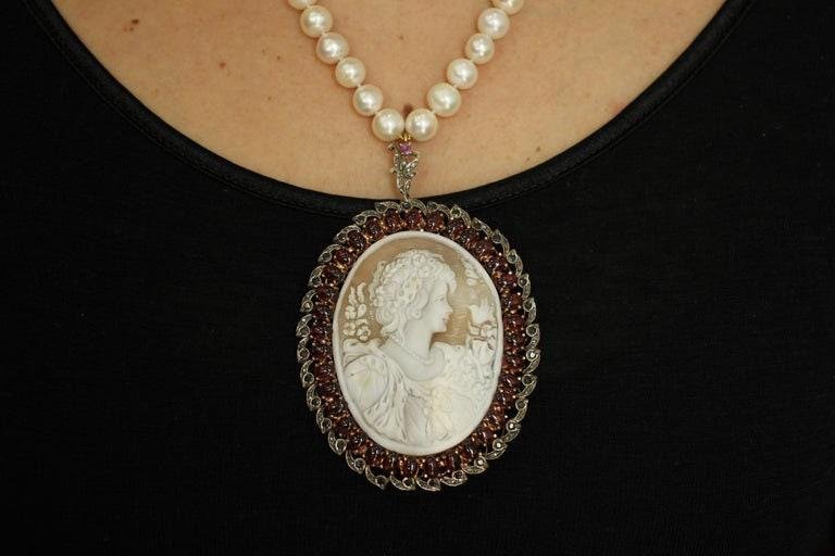 Diamond, Blue Sapphire, Garnet, 9K Rose Gold, Silver & Pearl Cameo Necklace