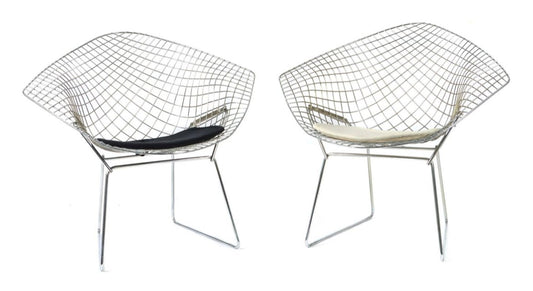 Diamond Chairs in Silver with Black and White Seat-Upholstery by Harry Bertoia for Knoll, 1970s, Set of 2