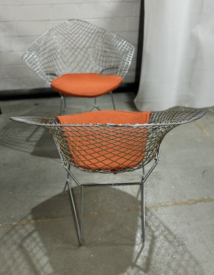 Diamond Chairs in Silver with Orange Seat by Harry Bertoia for Knoll, 1980s, Set of 2-JAG-1890419