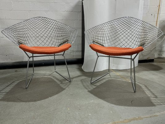 Diamond Chairs in Silver with Orange Seat by Harry Bertoia for Knoll, 1980s, Set of 2-JAG-1890419