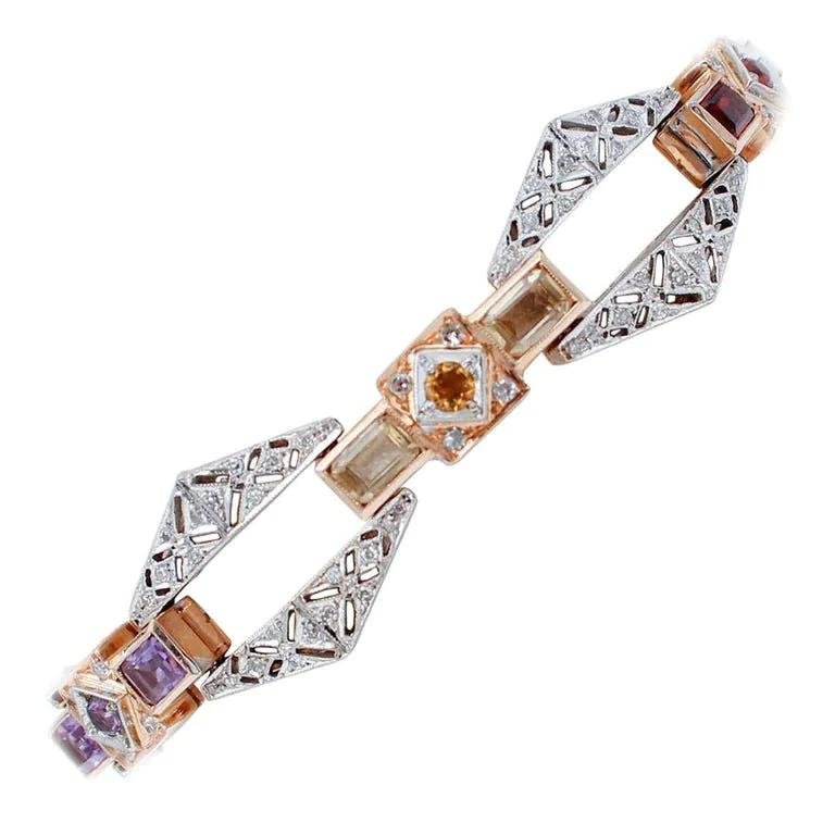 Diamond, Garnet, Topaz, Peridot, Amethyst, Diamond & 14Kt Gold Bracelet