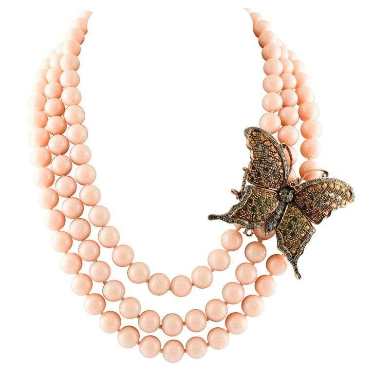 Diamond, Multicolored Sapphire, Pink Stone & Rose Gold Beaded Necklace with Silver Closure