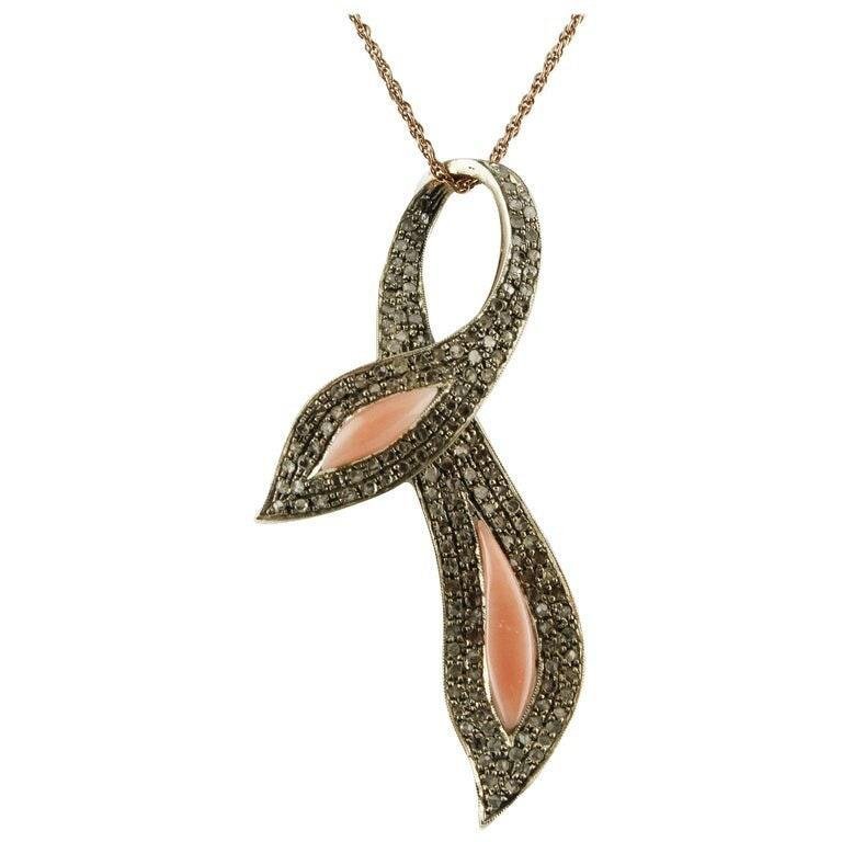 Diamond, Pink Coral, Rose Gold and Silver Bow Pendant Necklace