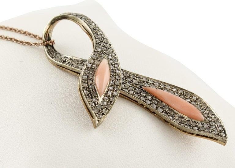 Diamond, Pink Coral, Rose Gold and Silver Bow Pendant Necklace