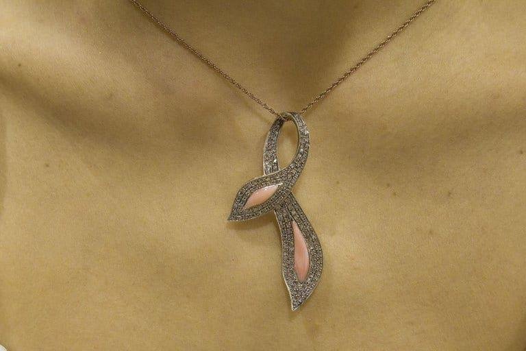 Diamond, Pink Coral, Rose Gold and Silver Bow Pendant Necklace