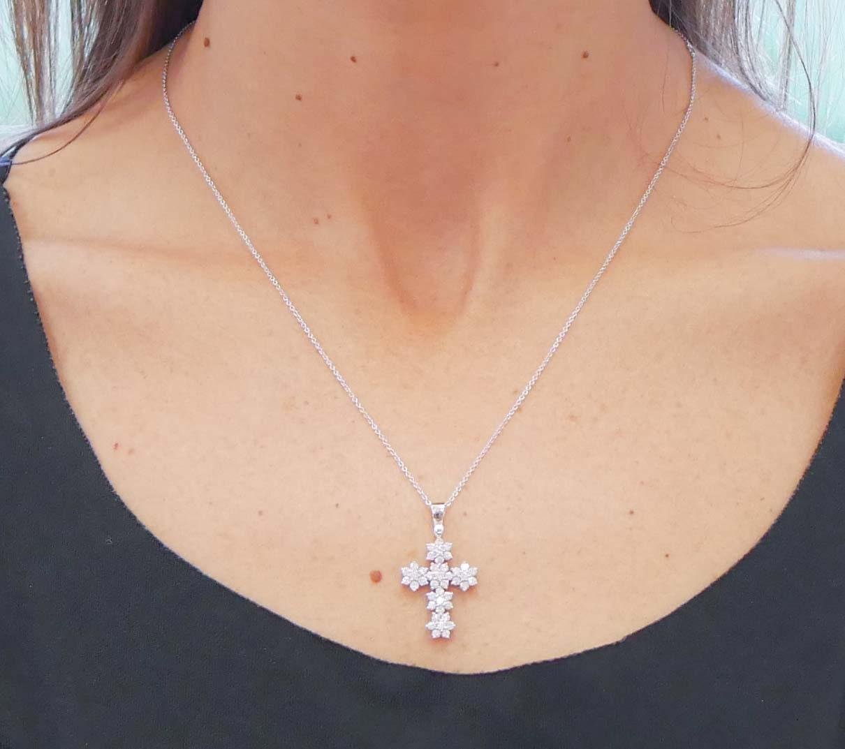 Diamonds, 18 Karat White Gold Cross Pendant Necklace