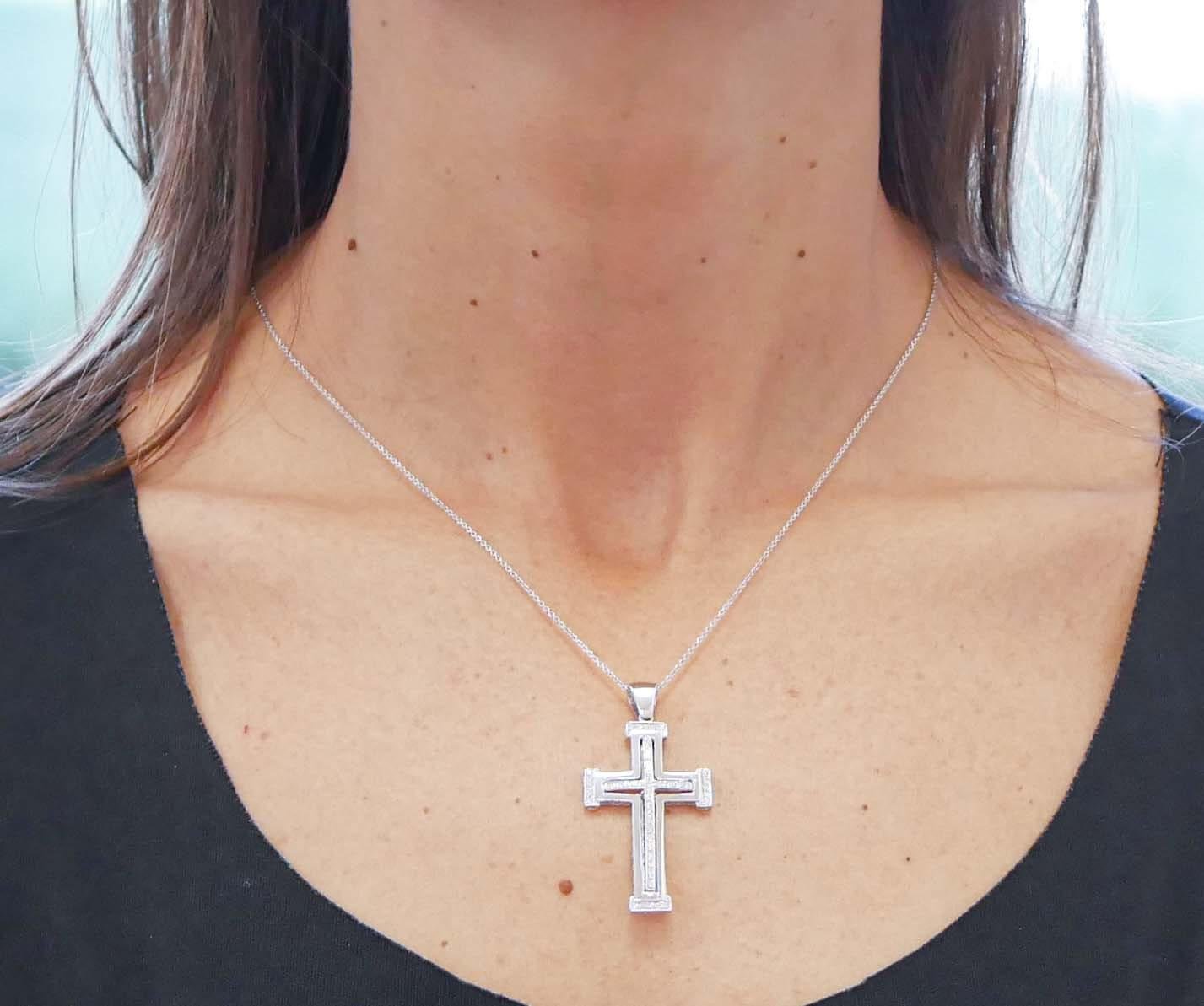 Diamonds, 18 Karat White Gold Cross Pendant Necklace