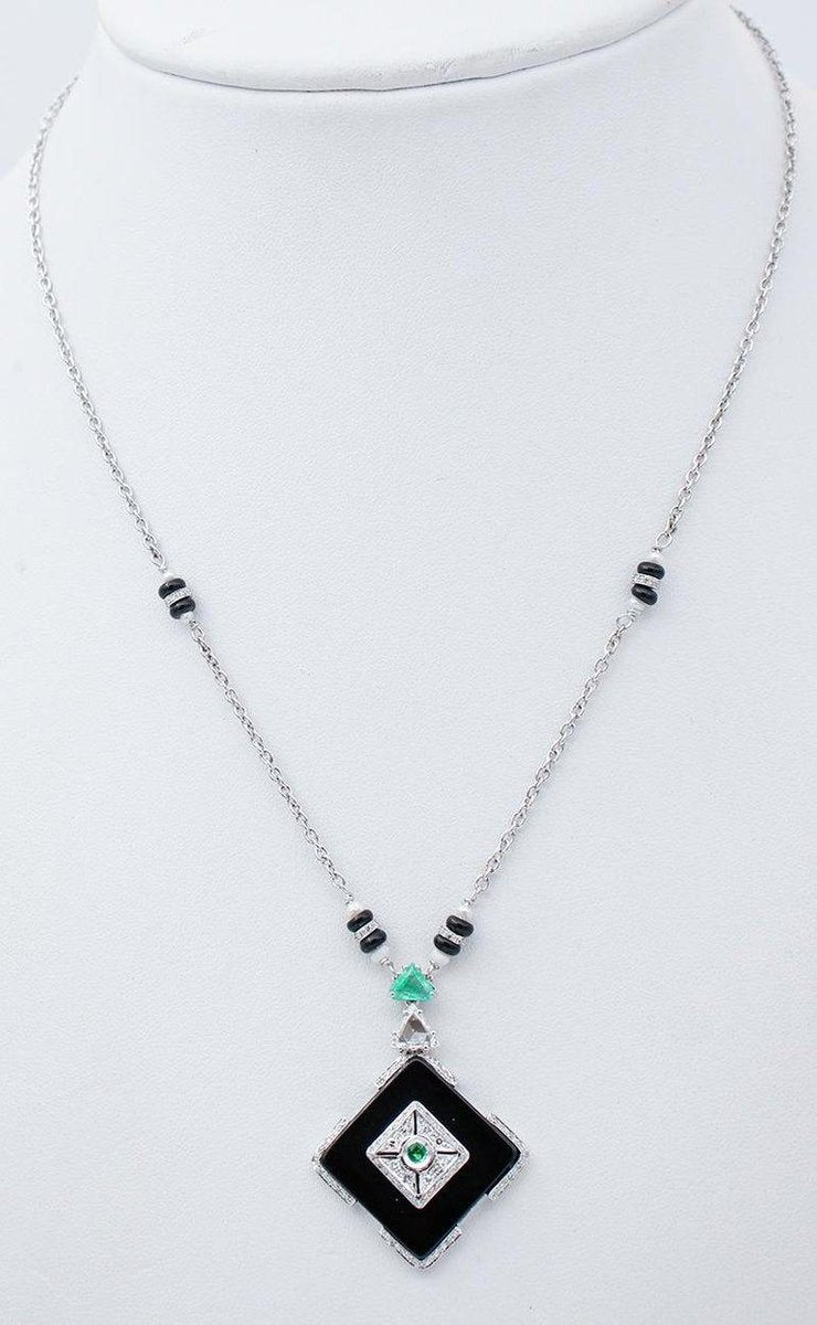 Diamonds, Emeralds, Onyx, Pearls & 14 Karat White Gold Necklace