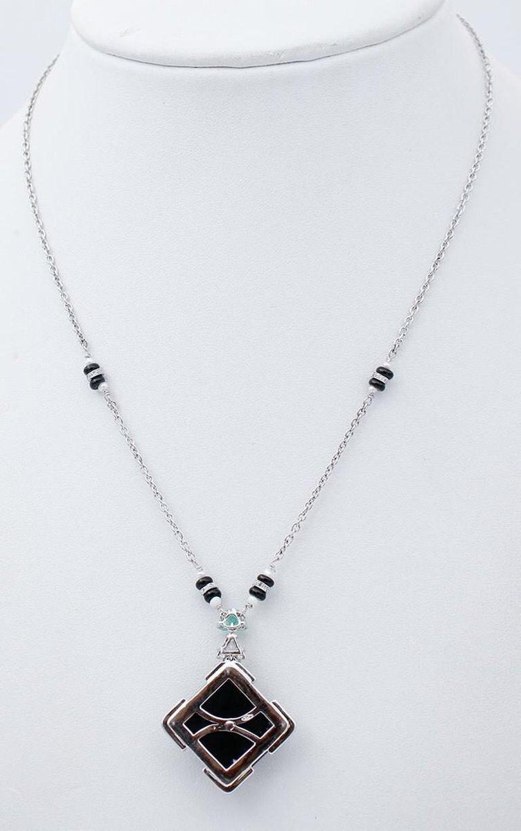 Diamonds, Emeralds, Onyx, Pearls & 14 Karat White Gold Necklace