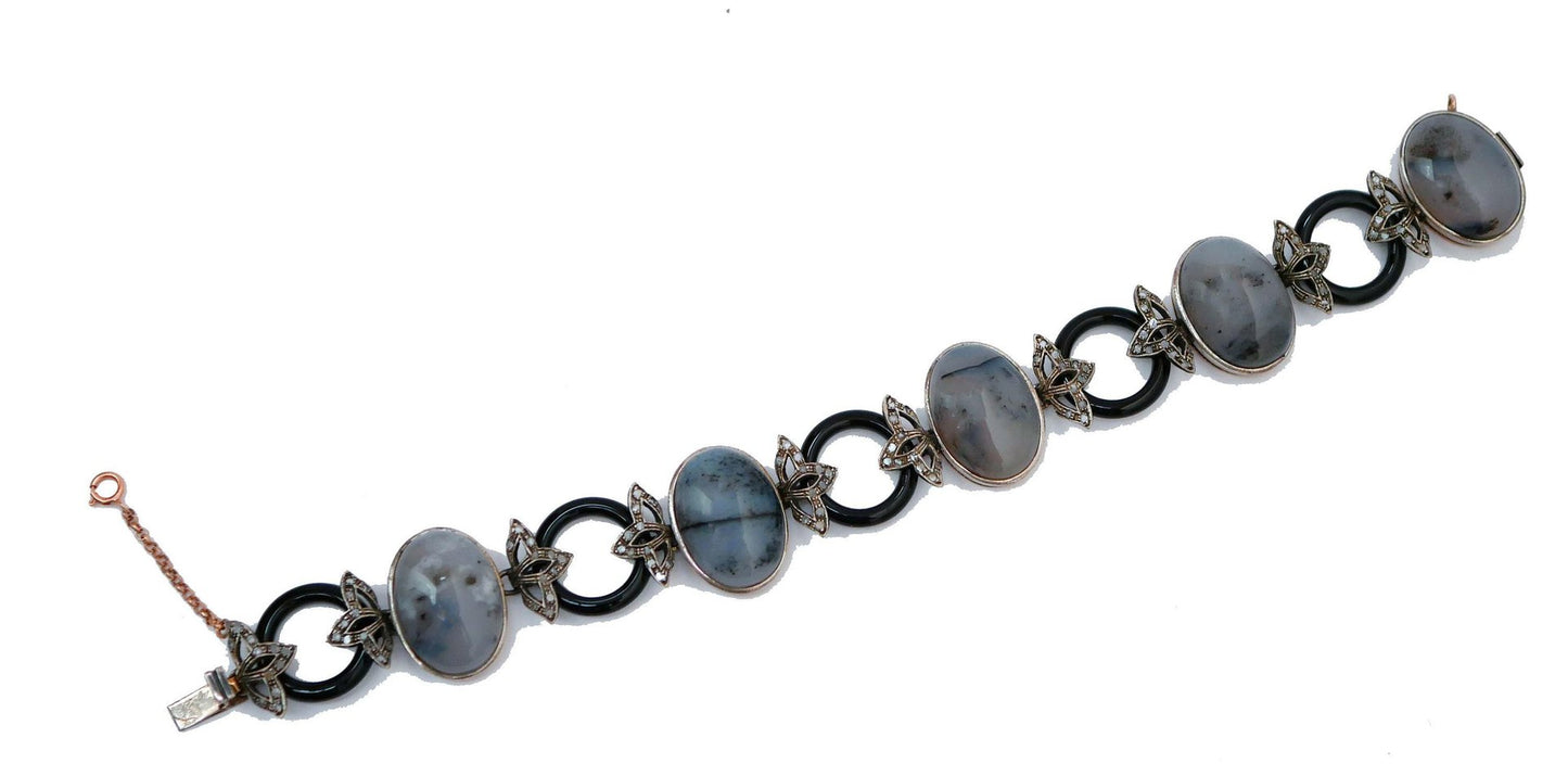 Diamonds, Moss Agate, Onyx, Rose Gold and Silver Link Bracelet