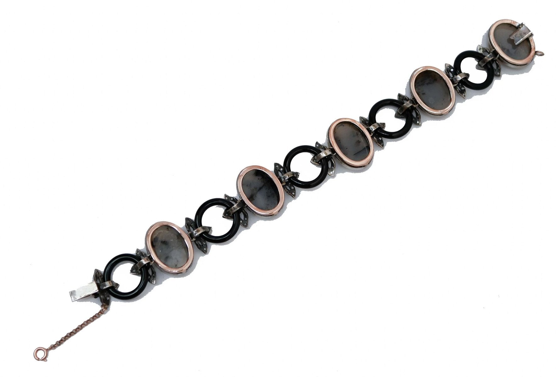 Diamonds, Moss Agate, Onyx, Rose Gold and Silver Link Bracelet