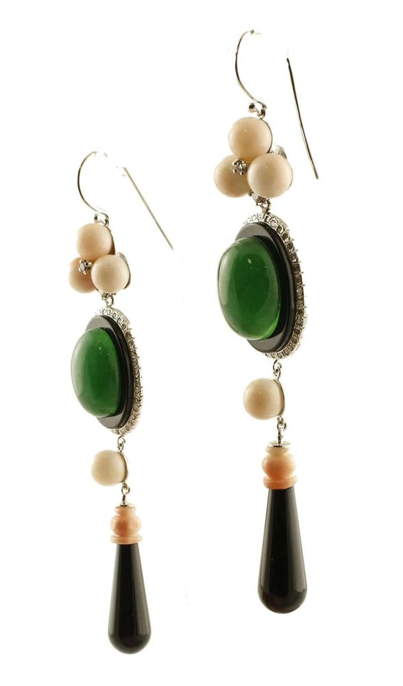 Diamonds, Pink Coral, Green Agate, Onyx and 14K White Gold Dangle Earrings, Set of 2