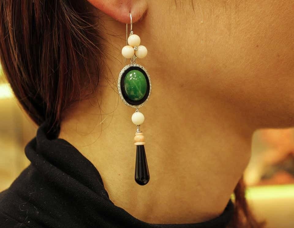 Diamonds, Pink Coral, Green Agate, Onyx and 14K White Gold Dangle Earrings, Set of 2