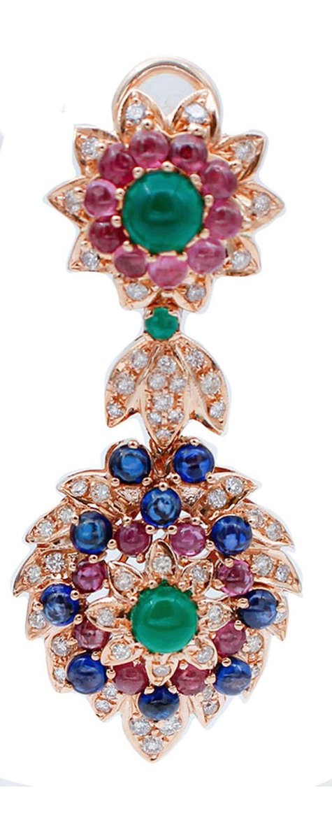 Diamonds, Rubies, Emeralds, Sapphires & 14 Karat Rose Gold Dangle Earrings