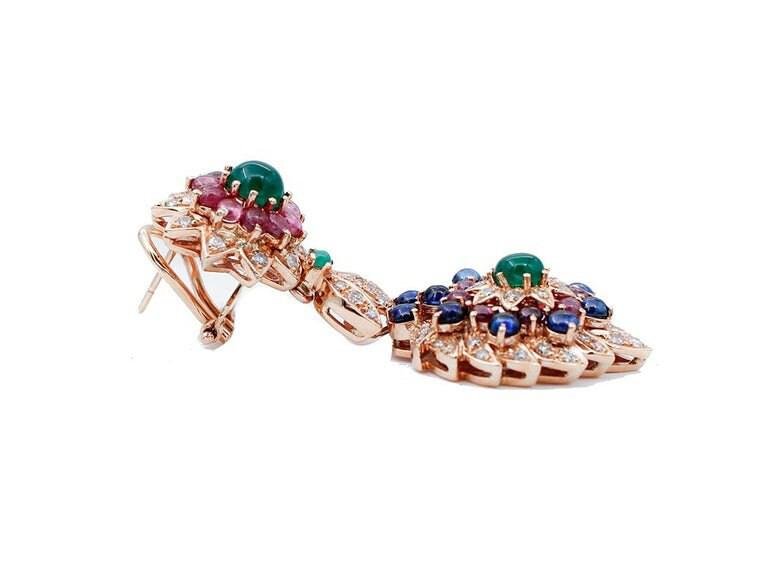 Diamonds, Rubies, Emeralds, Sapphires & 14 Karat Rose Gold Dangle Earrings