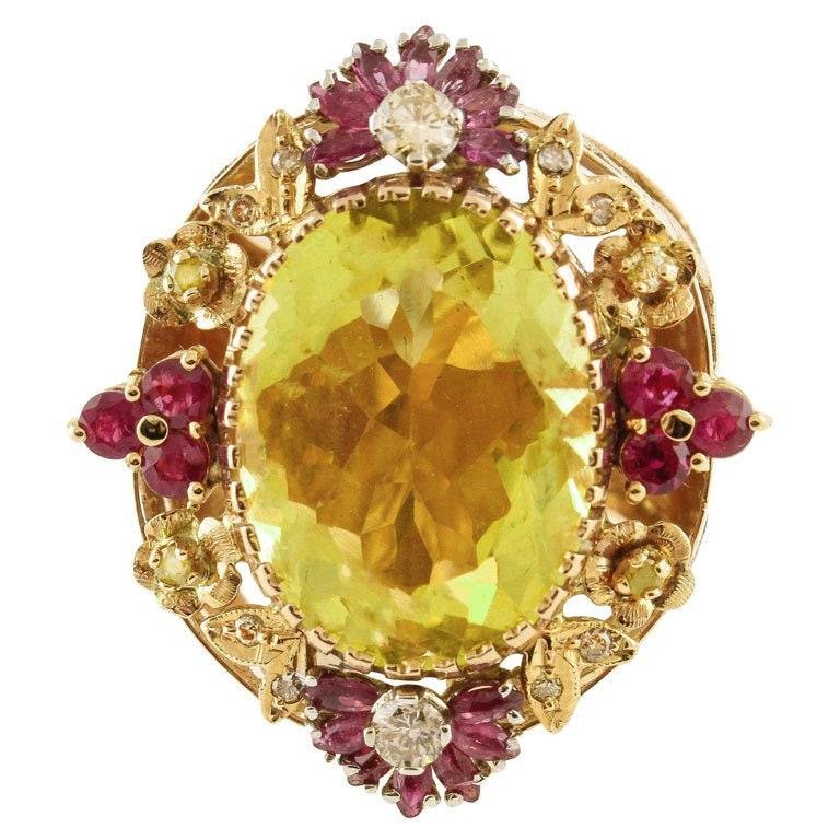 Diamonds Rubies Lemon Citrine Rose Gold Cocktail Ring, 1950s