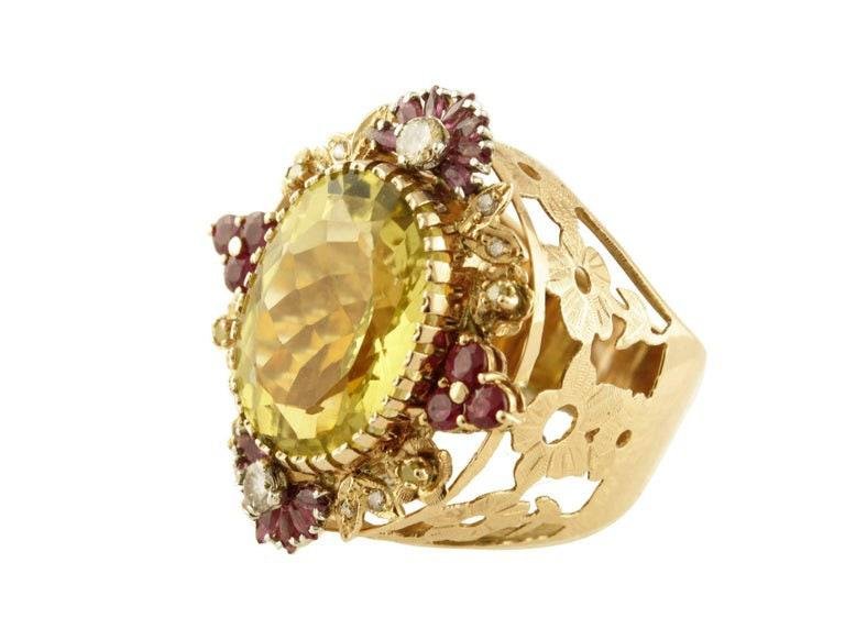 Diamonds Rubies Lemon Citrine Rose Gold Cocktail Ring, 1950s