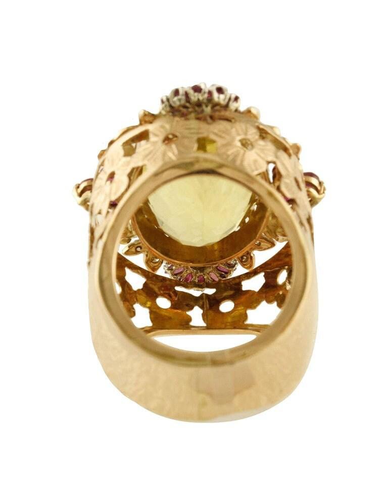 Diamonds Rubies Lemon Citrine Rose Gold Cocktail Ring, 1950s