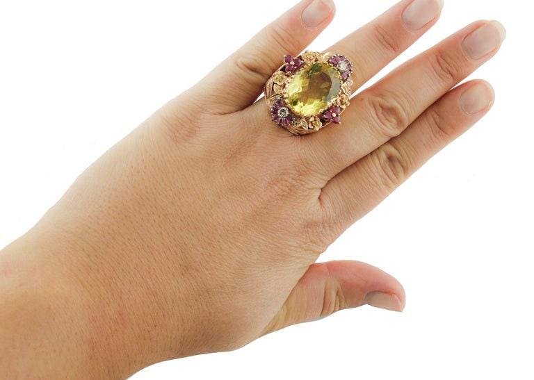 Diamonds Rubies Lemon Citrine Rose Gold Cocktail Ring, 1950s