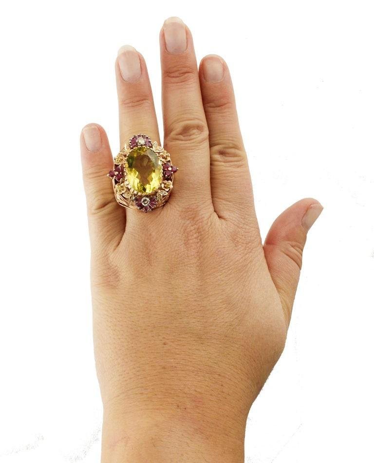 Diamonds Rubies Lemon Citrine Rose Gold Cocktail Ring, 1950s