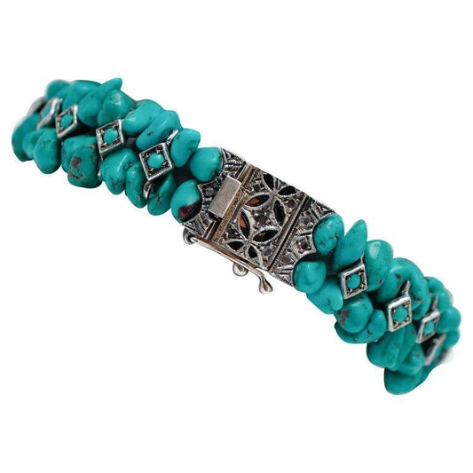 Diamonds, Turquoise, Rose Gold and Silver Bracelet