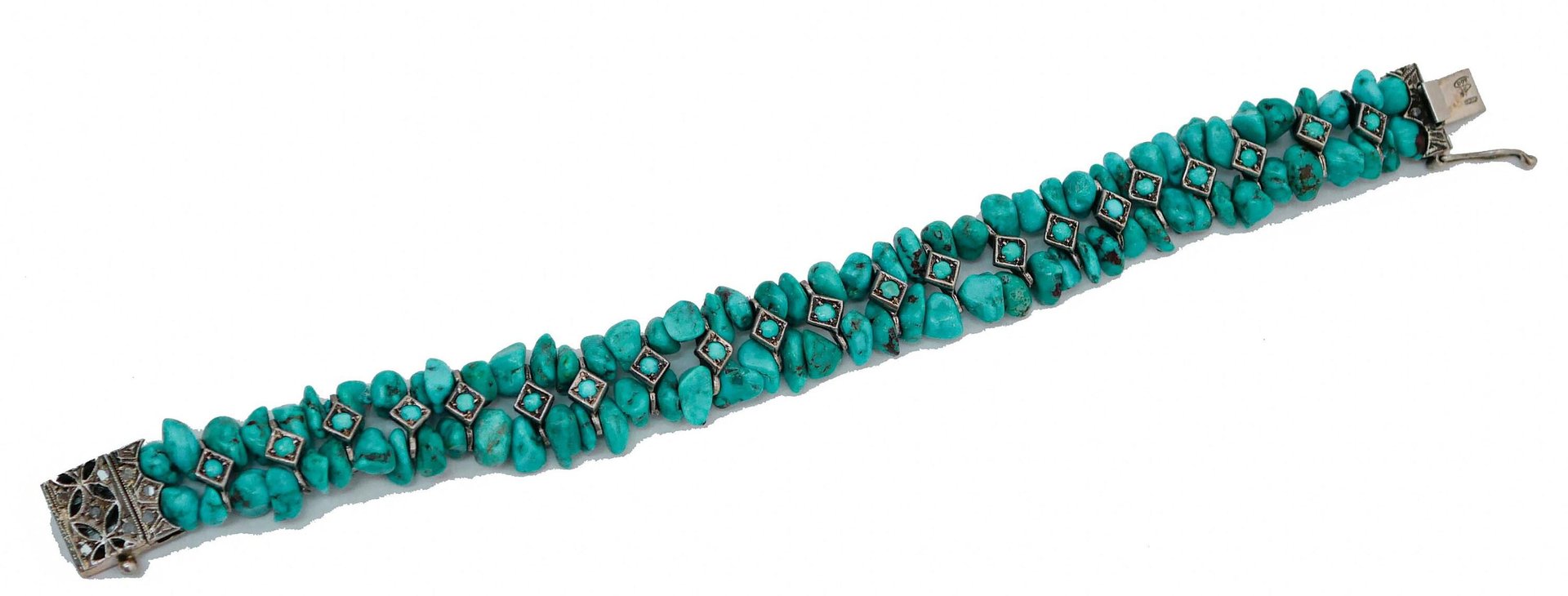 Diamonds, Turquoise, Rose Gold and Silver Bracelet