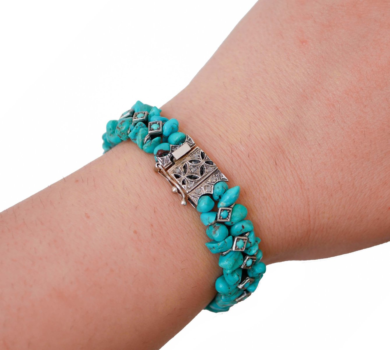 Diamonds, Turquoise, Rose Gold and Silver Bracelet