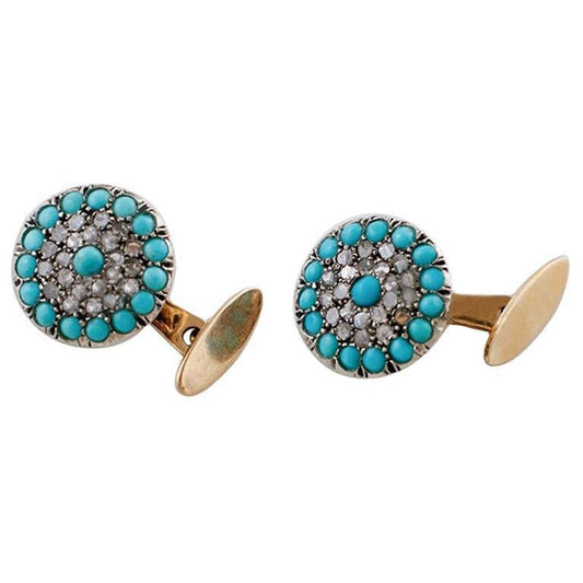 Diamonds, Turquoise, Rose Gold and Silver Cufflinks, Set of 2