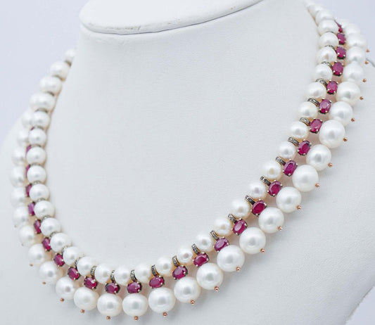 Diamonds with Rubies & White Pearls with Rose Gold and Silver Necklace